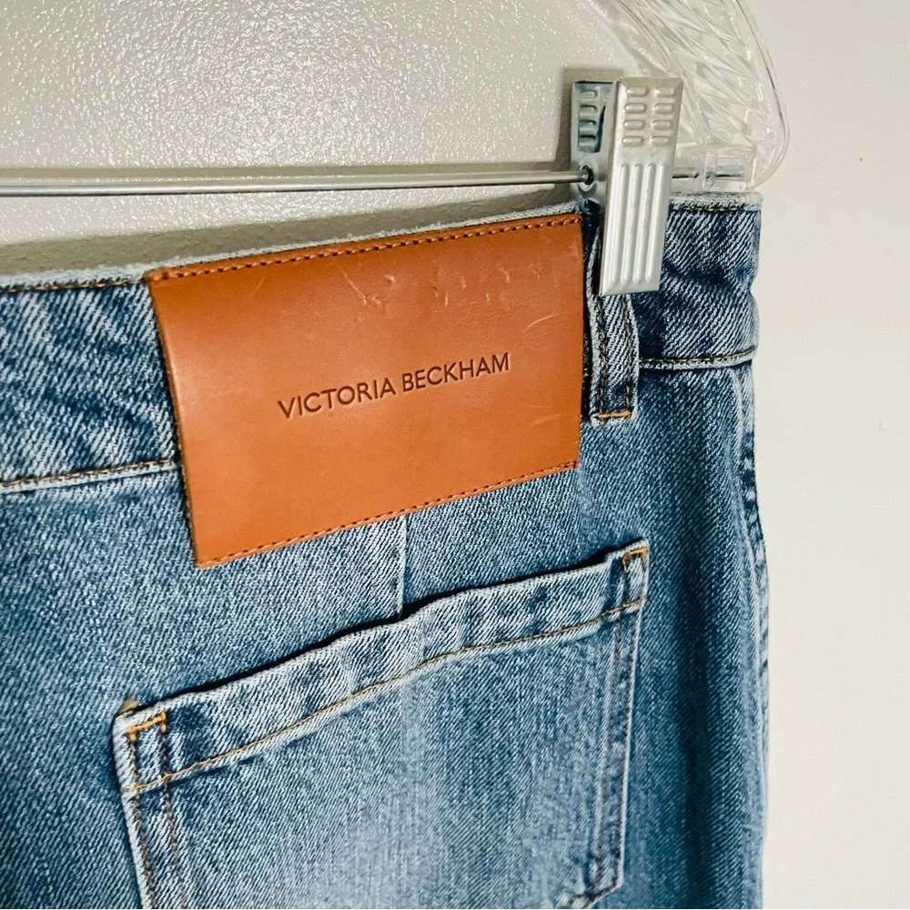 Victoria Beckham Alina High Waist Wide Leg Jeans Worn Blue Wash Distressed Denim - Picture 10 of 11